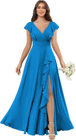 Long Chiffon Birdsmaid Dresses with Sleeves Floral Ruffle Formal Dress for Women with Slit