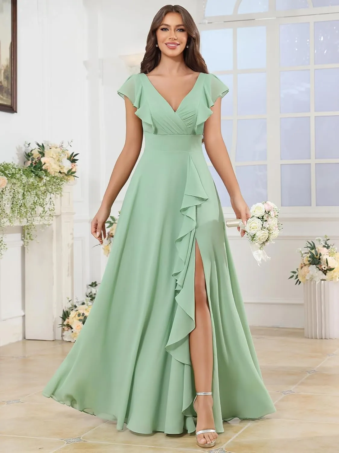 Long Chiffon Birdsmaid Dresses with Sleeves Floral Ruffle Formal Dress for Women with Slit