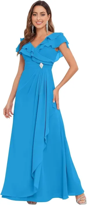 Long Chiffon Mother of The Bride Dresses for Wedding A Line V Neck Ruffle Formal Evening Dress with Sleeves
