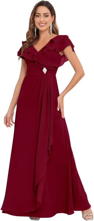 Long Chiffon Mother of The Bride Dresses for Wedding A Line V Neck Ruffle Formal Evening Dress with Sleeves