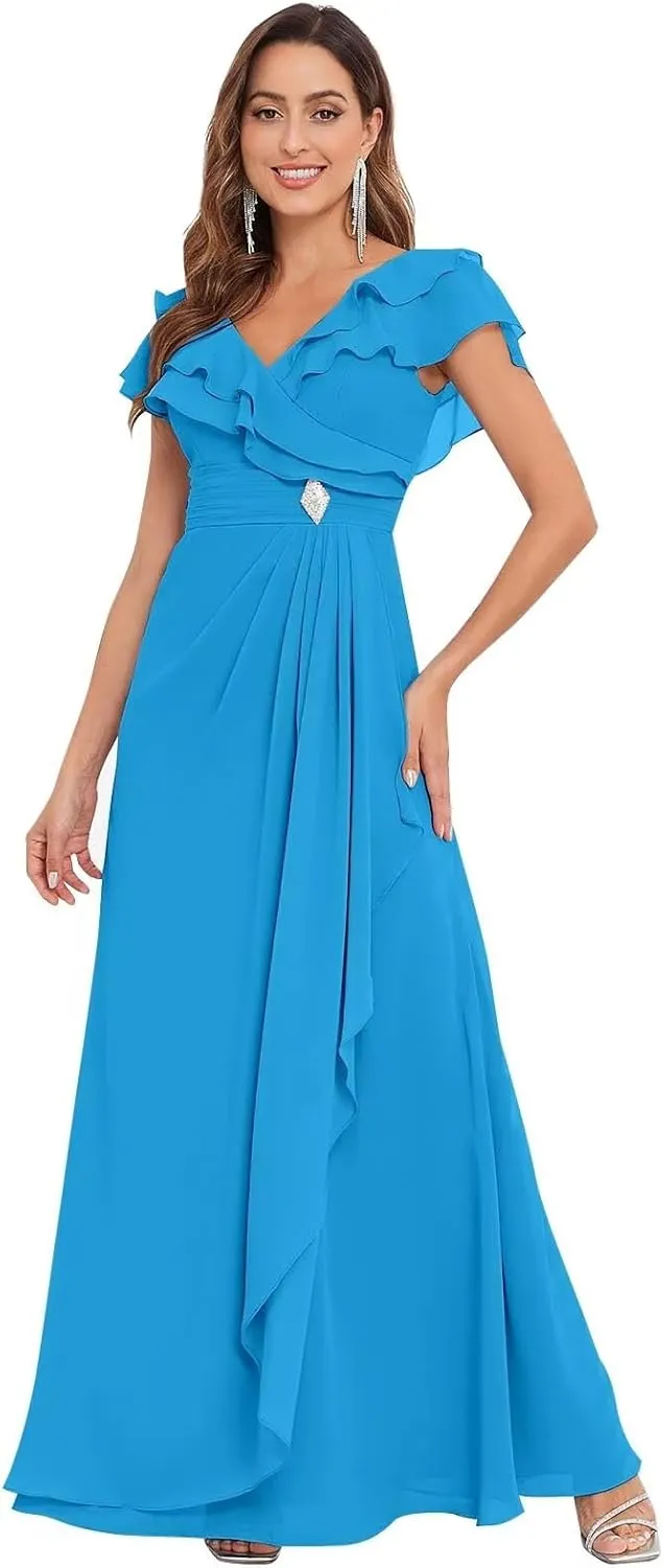 Long Chiffon Mother of The Bride Dresses for Wedding A Line V Neck Ruffle Formal Evening Dress with Sleeves