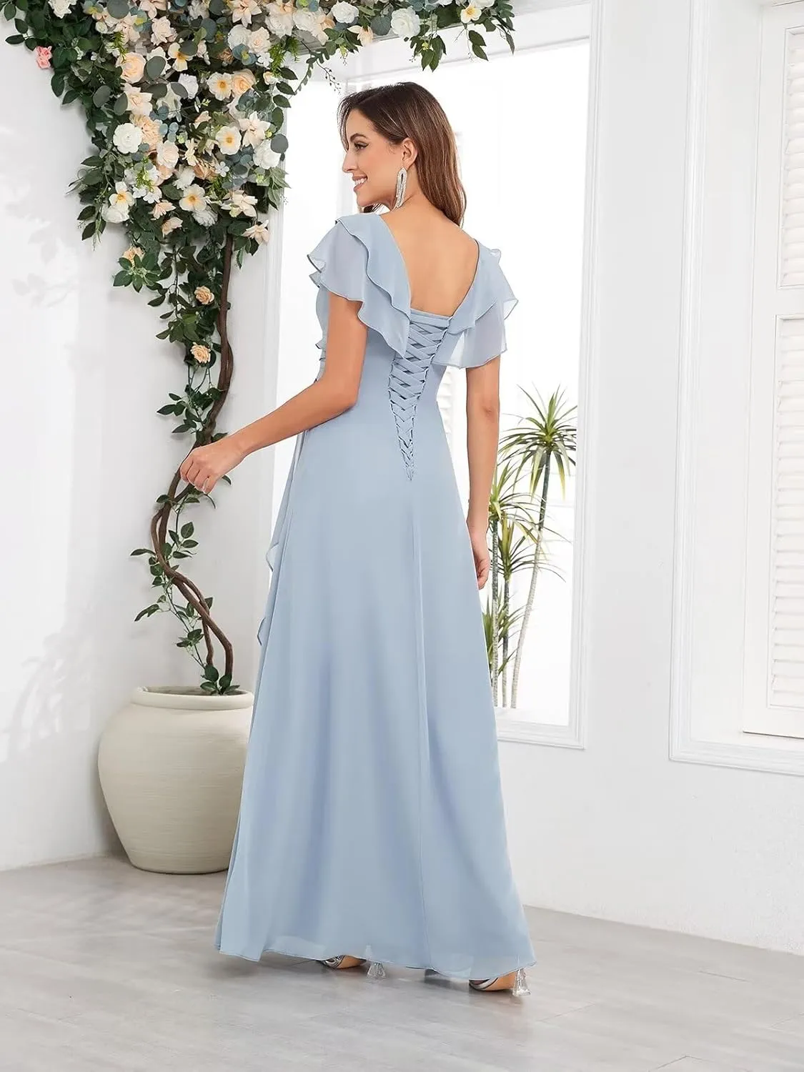 Long Chiffon Mother of The Bride Dresses for Wedding A Line V Neck Ruffle Formal Evening Dress with Sleeves