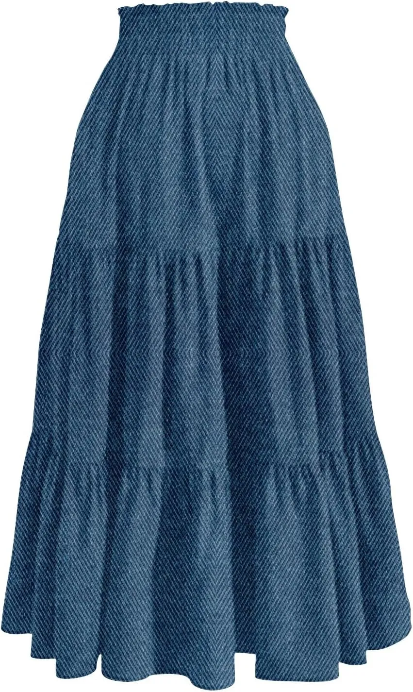 Long Skirts for Women Trendy Drawstring High Waisted Tiered Ruffle Midi Skirts Casual Summer Vacation Beach Skirt