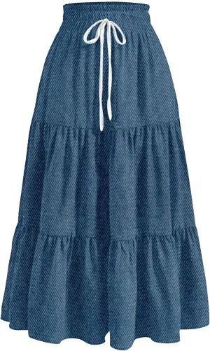 Long Skirts for Women Trendy Drawstring High Waisted Tiered Ruffle Midi Skirts Casual Summer Vacation Beach Skirt