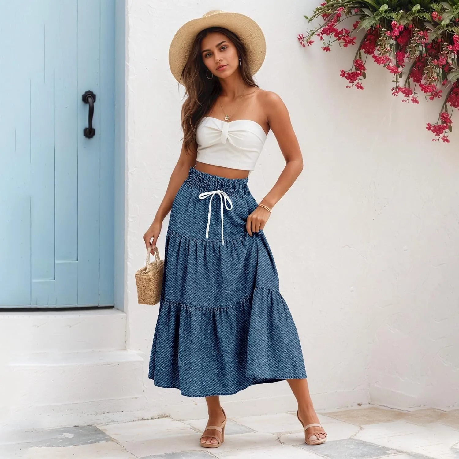 Long Skirts for Women Trendy Drawstring High Waisted Tiered Ruffle Midi Skirts Casual Summer Vacation Beach Skirt