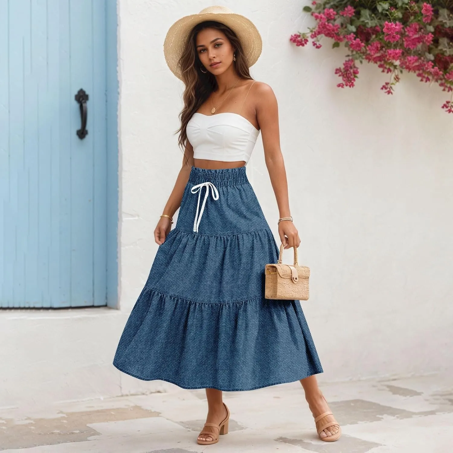 Long Skirts for Women Trendy Drawstring High Waisted Tiered Ruffle Midi Skirts Casual Summer Vacation Beach Skirt