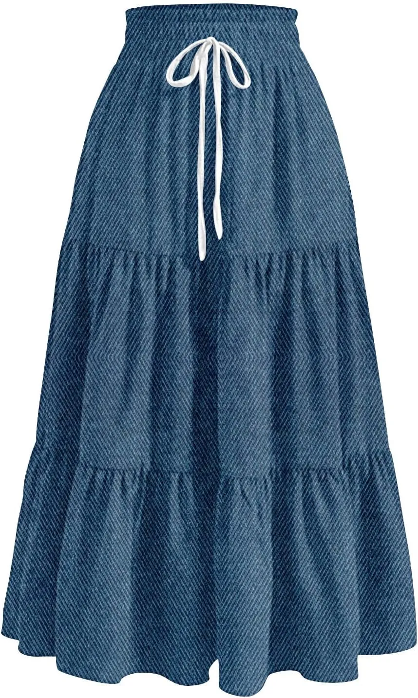 Long Skirts for Women Trendy Drawstring High Waisted Tiered Ruffle Midi Skirts Casual Summer Vacation Beach Skirt