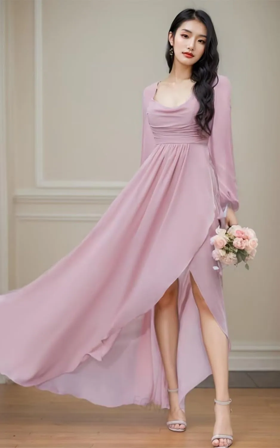 Long Sleeve Bridesmaid Dresses with Slit Chiffon Cowl Neck Formal Dress for Women Wedding Guest
