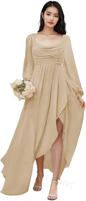 Long Sleeve Bridesmaid Dresses with Slit Chiffon Cowl Neck Formal Dress for Women Wedding Guest
