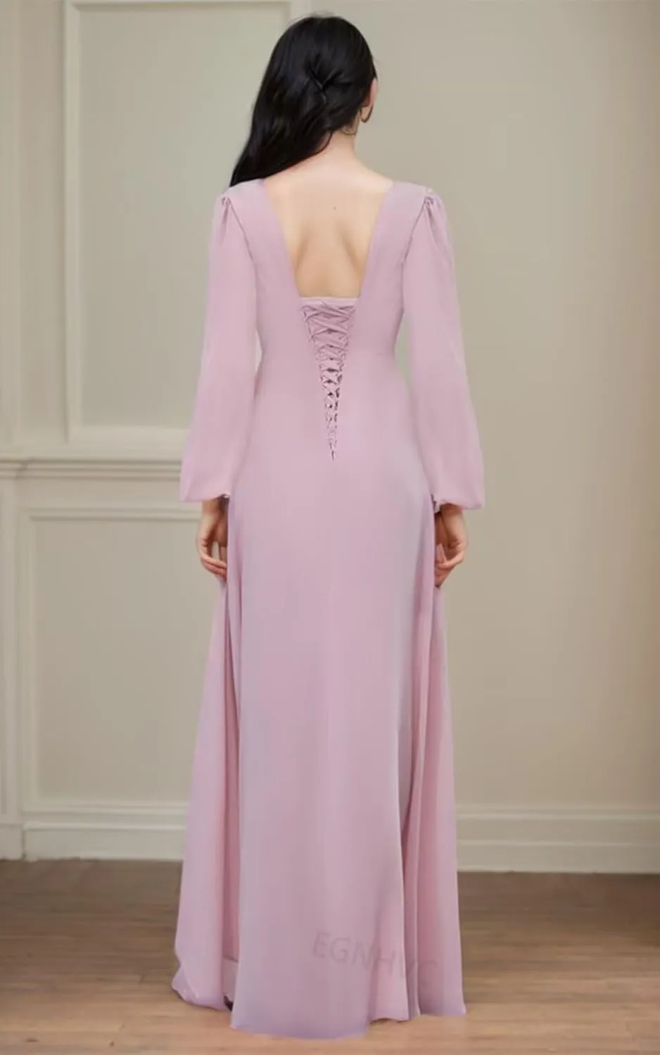 Long Sleeve Bridesmaid Dresses with Slit Chiffon Cowl Neck Formal Dress for Women Wedding Guest