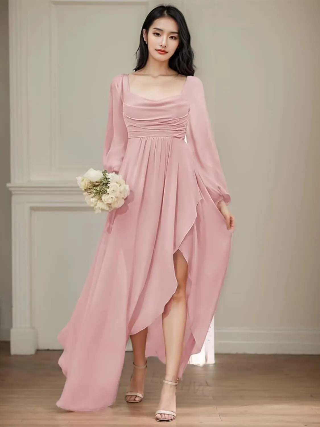Long Sleeve Bridesmaid Dresses with Slit Chiffon Cowl Neck Formal Dress for Women Wedding Guest