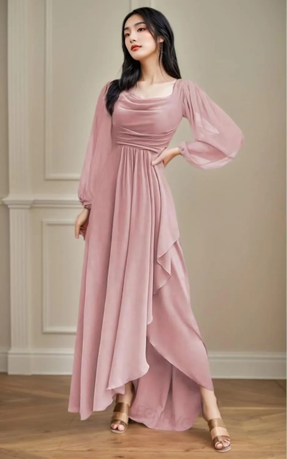 Long Sleeve Bridesmaid Dresses with Slit Chiffon Cowl Neck Formal Dress for Women Wedding Guest