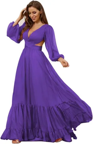 Long Sleeve Chiffon Bridesmaid Dresses for Wedding V Neck Ruffle Formal Dresses Maxi Chiffon Prom Dress Guest Gown