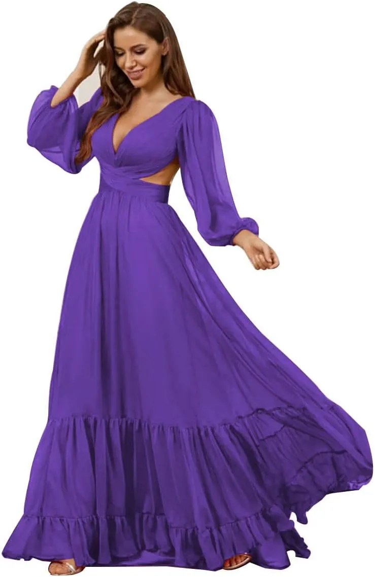 Long Sleeve Chiffon Bridesmaid Dresses for Wedding V Neck Ruffle Formal Dresses Maxi Chiffon Prom Dress Guest Gown