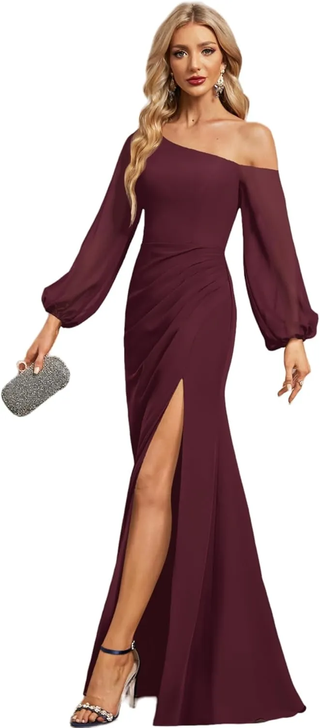 Long Sleeve Chiffon Bridesmaid Dresses with Slit A Line Pleated Wedding Guest Dresses for Women MA42