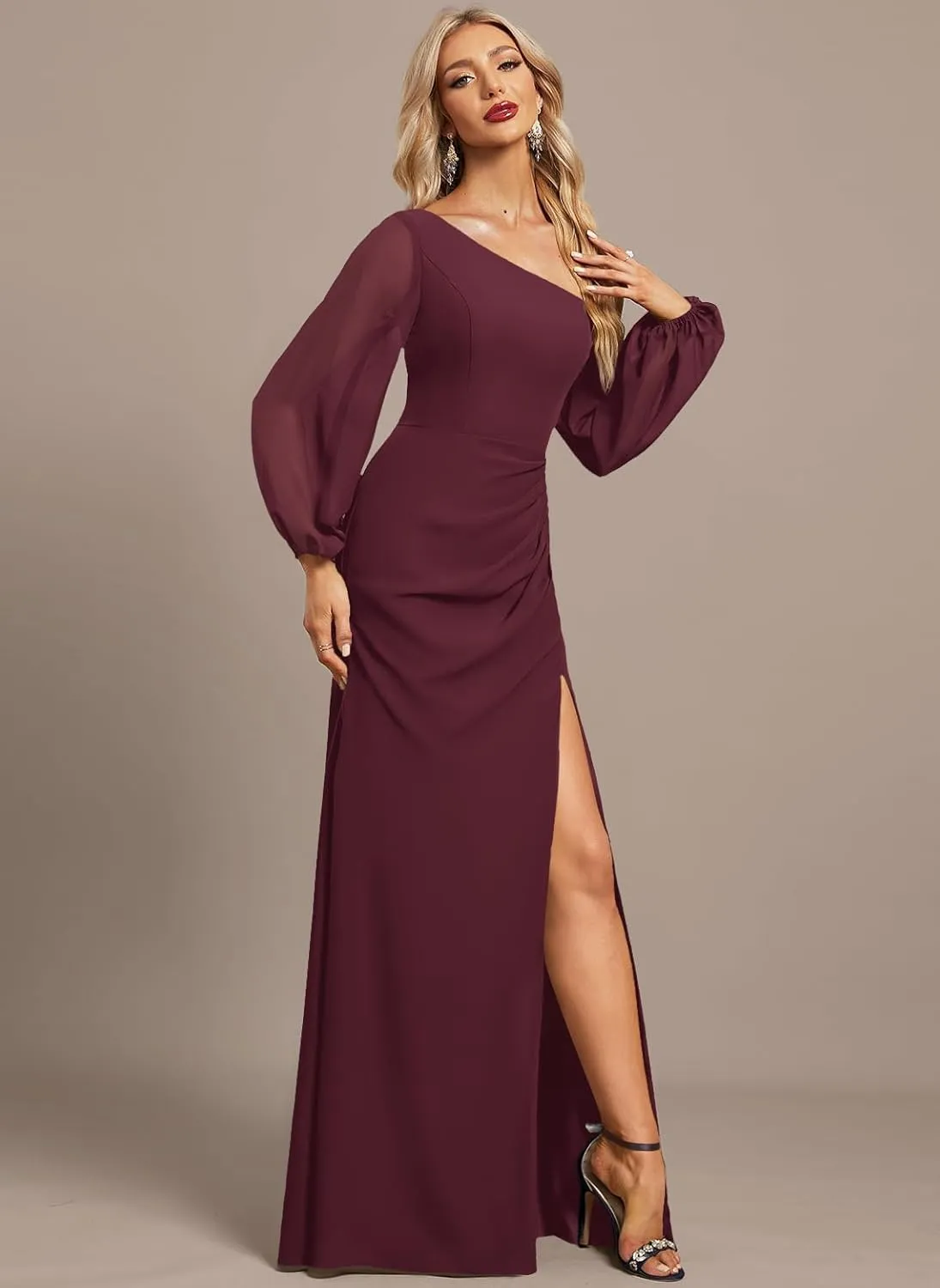 Long Sleeve Chiffon Bridesmaid Dresses with Slit A Line Pleated Wedding Guest Dresses for Women MA42