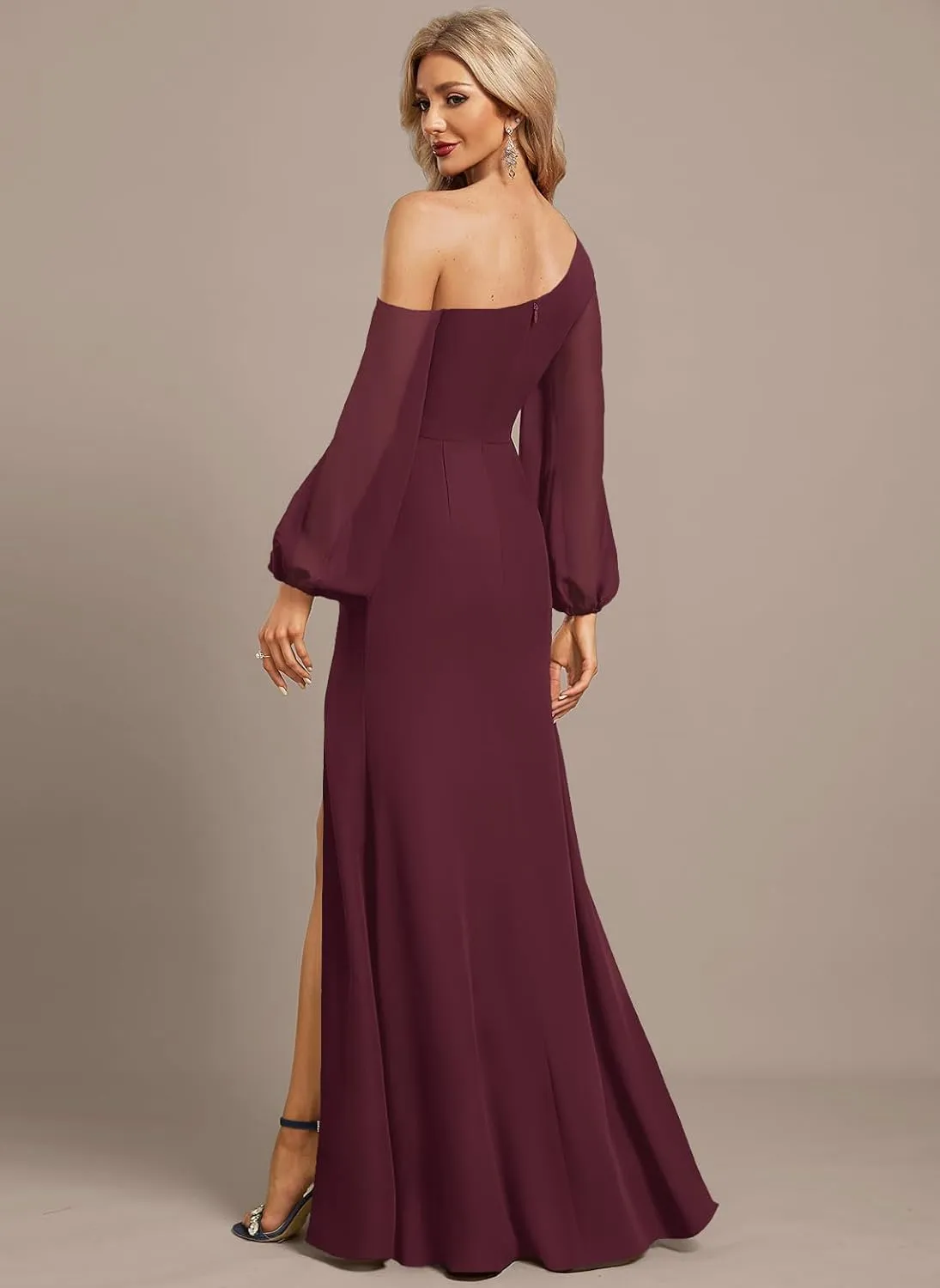 Long Sleeve Chiffon Bridesmaid Dresses with Slit A Line Pleated Wedding Guest Dresses for Women MA42