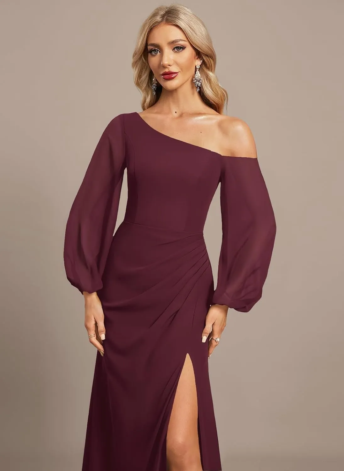 Long Sleeve Chiffon Bridesmaid Dresses with Slit A Line Pleated Wedding Guest Dresses for Women MA42