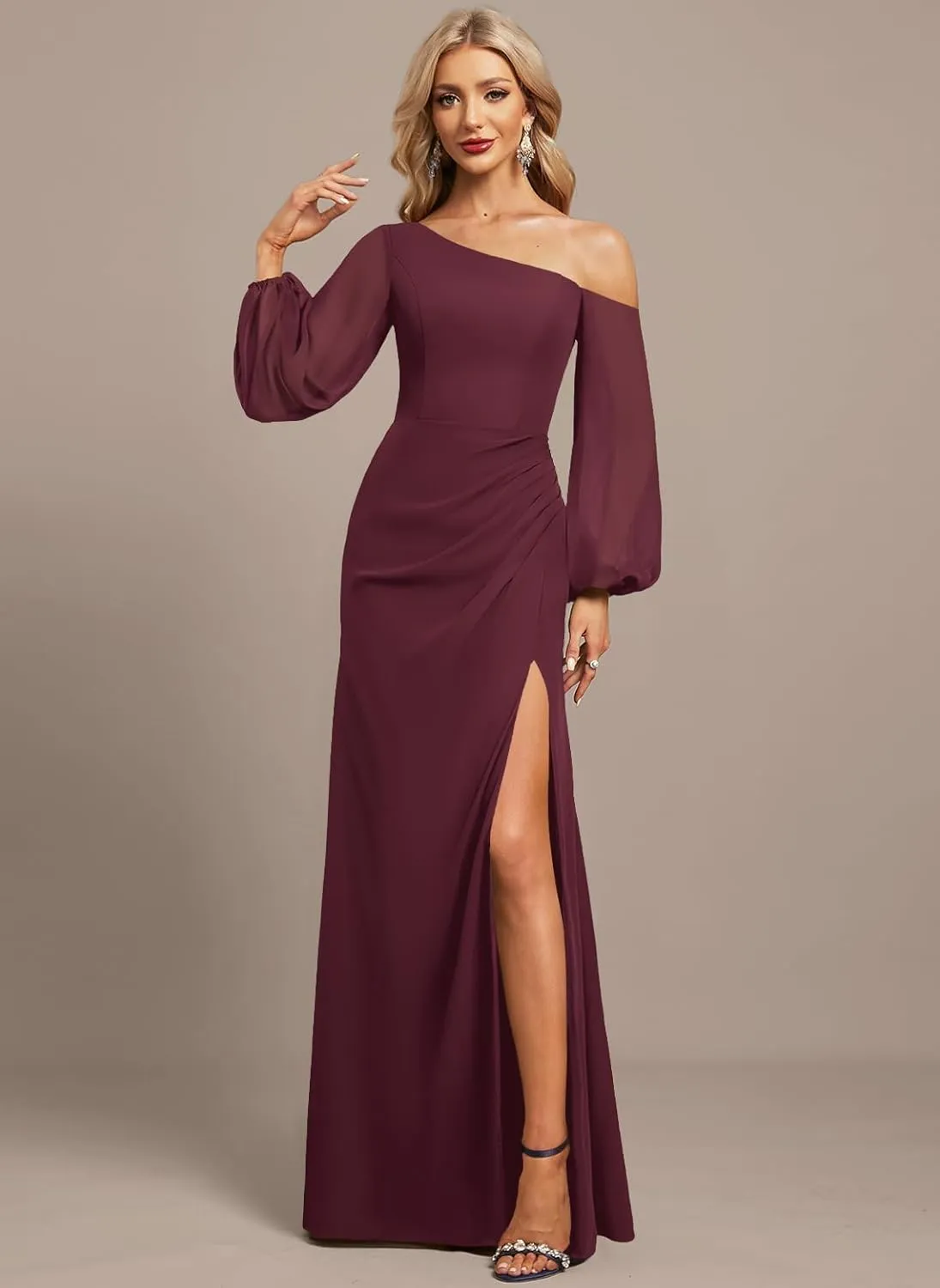 Long Sleeve Chiffon Bridesmaid Dresses with Slit A Line Pleated Wedding Guest Dresses for Women MA42