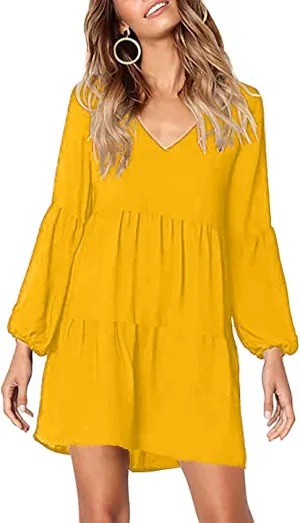 Long Sleeve Dress for Women,2025 Summer Casual Mini Dresses Loose Flowy Tiered Dress,V Neck Boho Ruffle Beach Dres