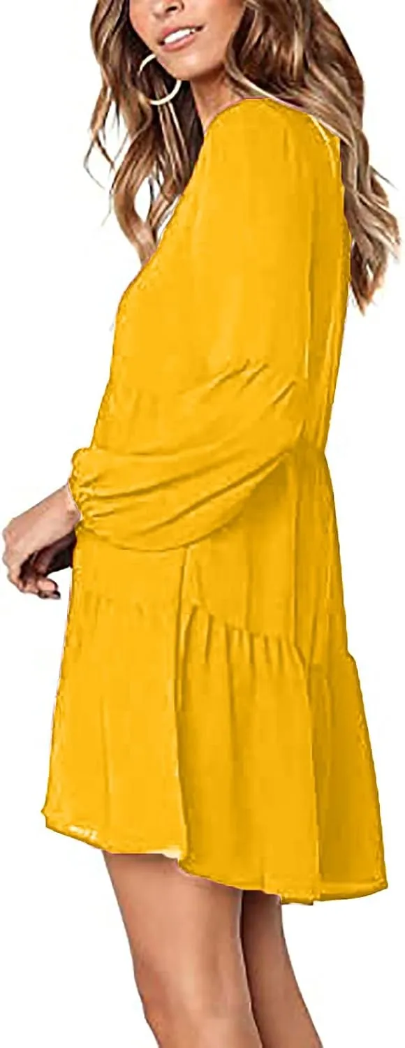Long Sleeve Dress for Women,2025 Summer Casual Mini Dresses Loose Flowy Tiered Dress,V Neck Boho Ruffle Beach Dres