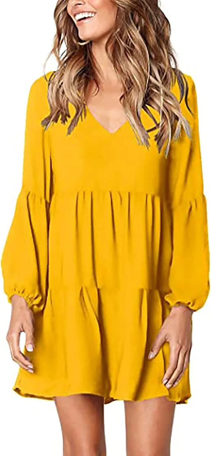 Long Sleeve Dress for Women,2025 Summer Casual Mini Dresses Loose Flowy Tiered Dress,V Neck Boho Ruffle Beach Dres