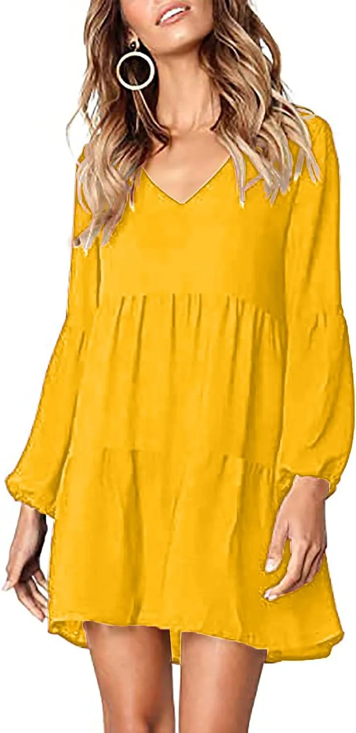 Long Sleeve Dress for Women,2025 Summer Casual Mini Dresses Loose Flowy Tiered Dress,V Neck Boho Ruffle Beach Dres
