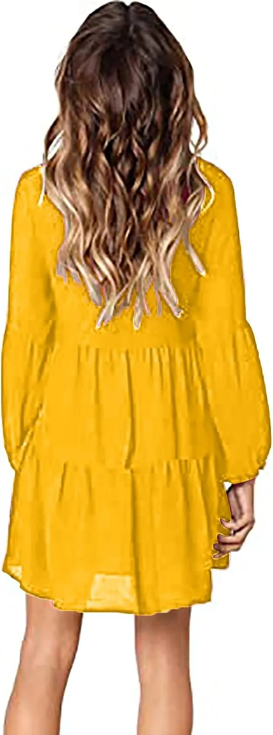 Long Sleeve Dress for Women,2025 Summer Casual Mini Dresses Loose Flowy Tiered Dress,V Neck Boho Ruffle Beach Dres