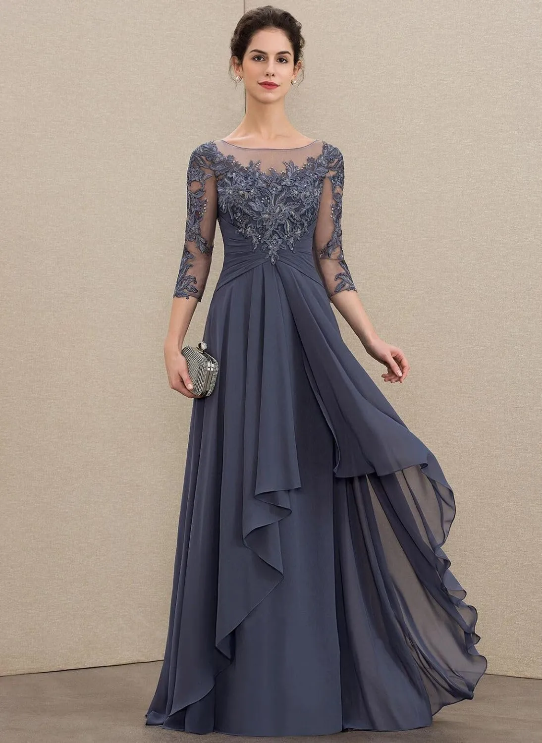 Long Sleeves Mother of The Bride Dresses for Wedding Jewel Lace Appliques Chiffon Formal Evening Gowns