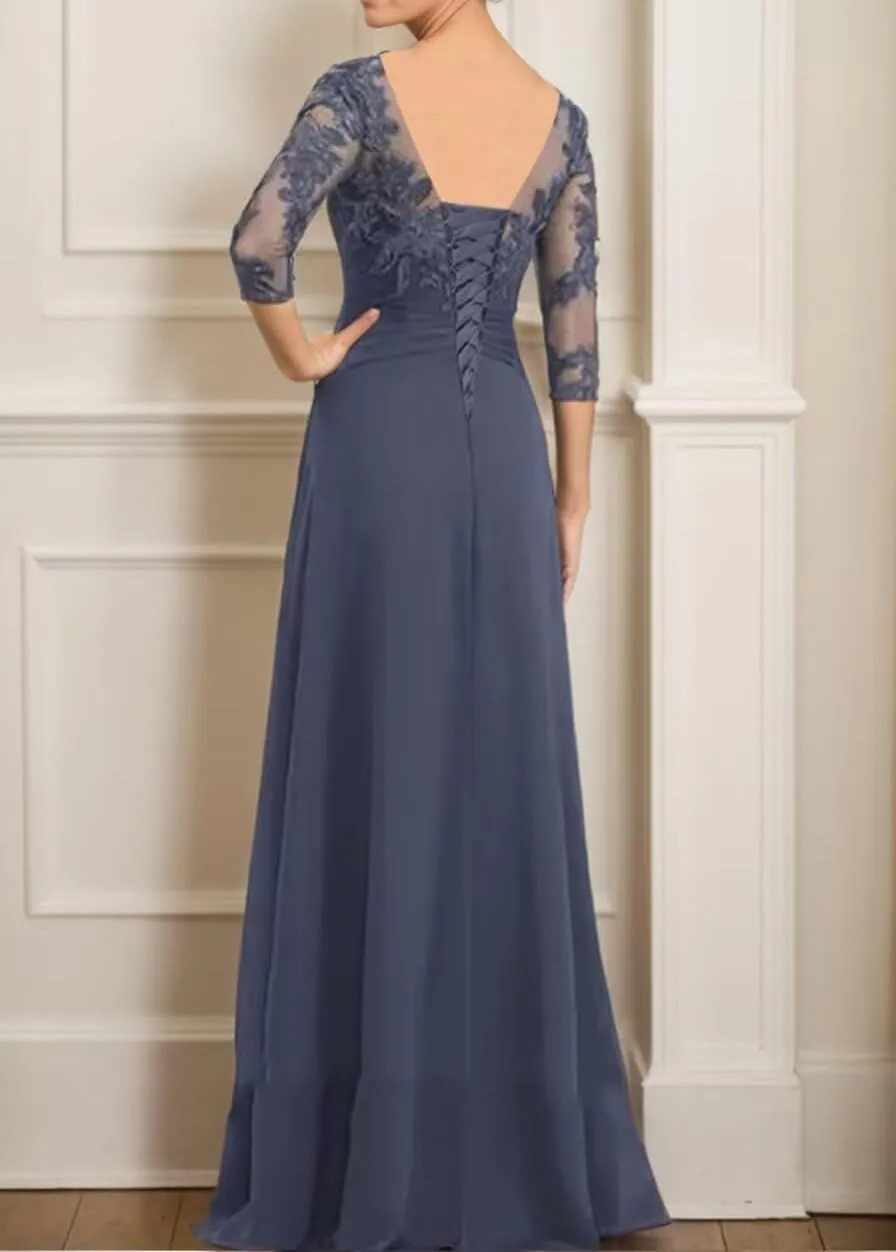 Long Sleeves Mother of The Bride Dresses for Wedding Jewel Lace Appliques Chiffon Formal Evening Gowns