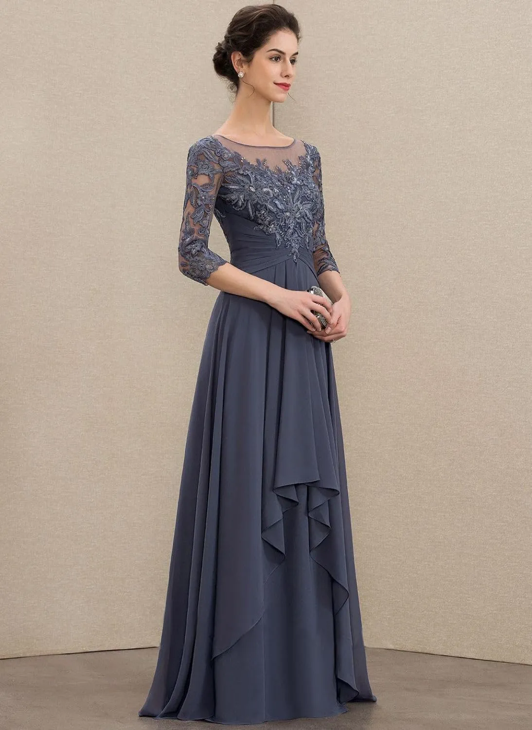 Long Sleeves Mother of The Bride Dresses for Wedding Jewel Lace Appliques Chiffon Formal Evening Gowns