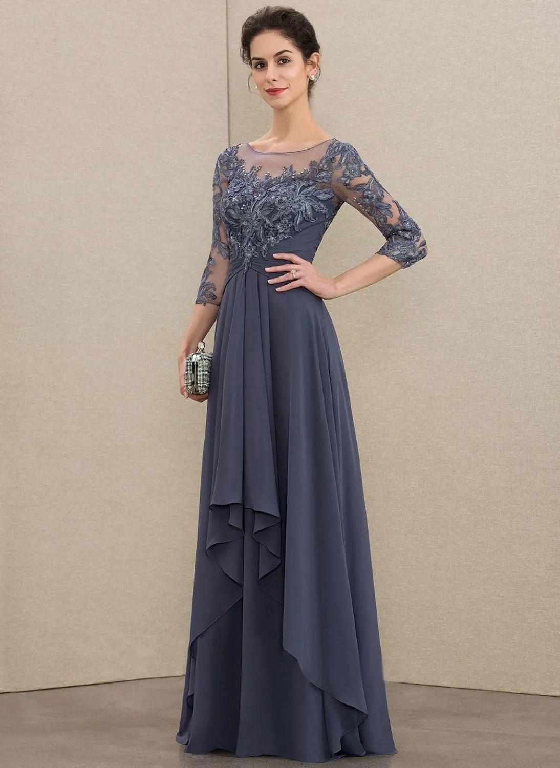 Long Sleeves Mother of The Bride Dresses for Wedding Jewel Lace Appliques Chiffon Formal Evening Gowns