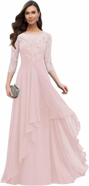 Long Sleeves Mother of The Bride Dresses for Wedding Jewel Lace Appliques Chiffon Formal Evening Gowns