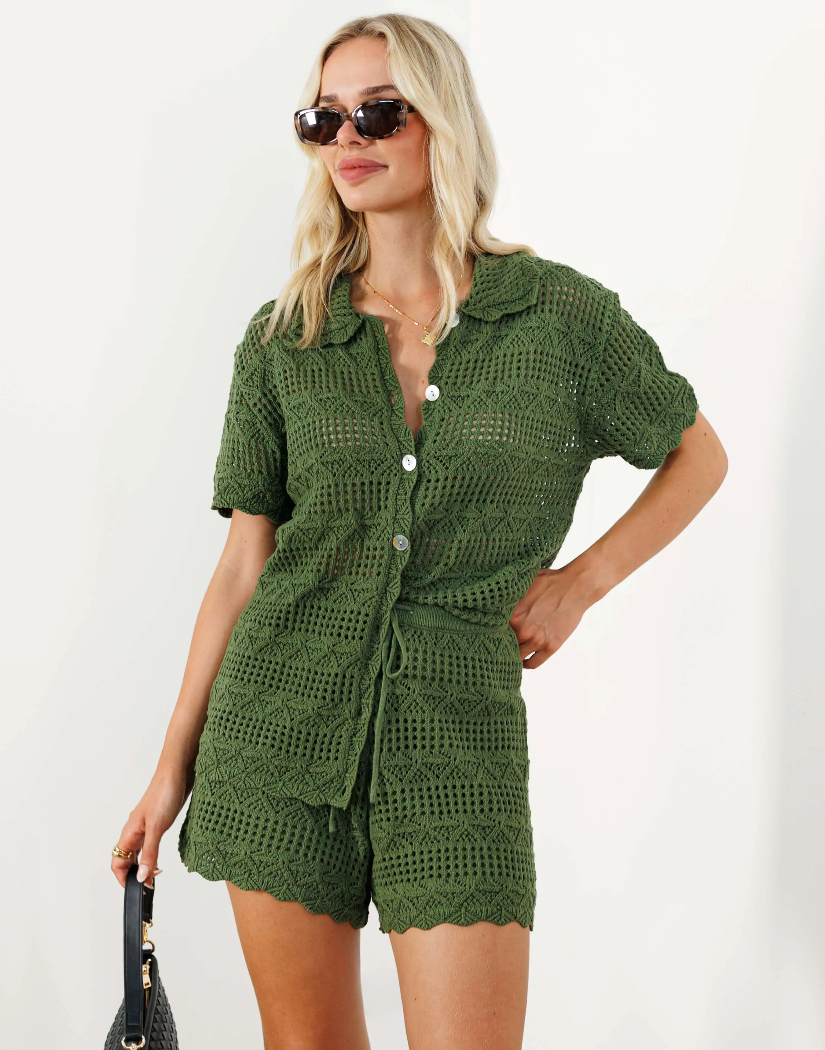 Loretta Shorts - High Waist Crochet Shorts - Mossy