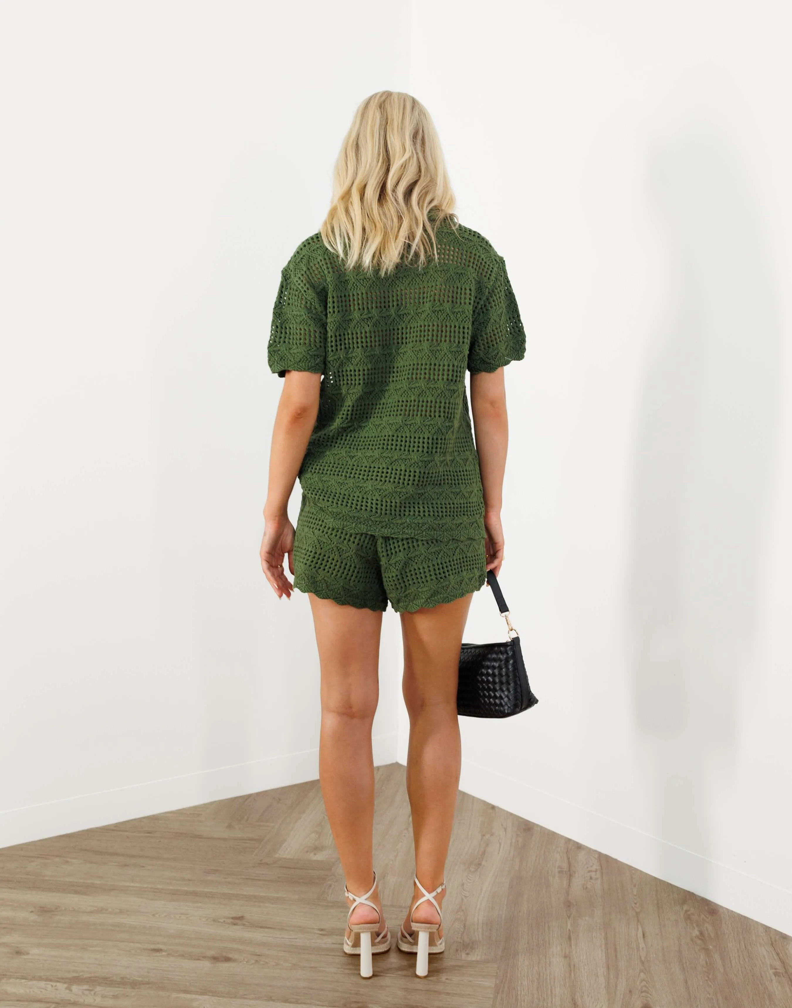 Loretta Shorts - High Waist Crochet Shorts - Mossy