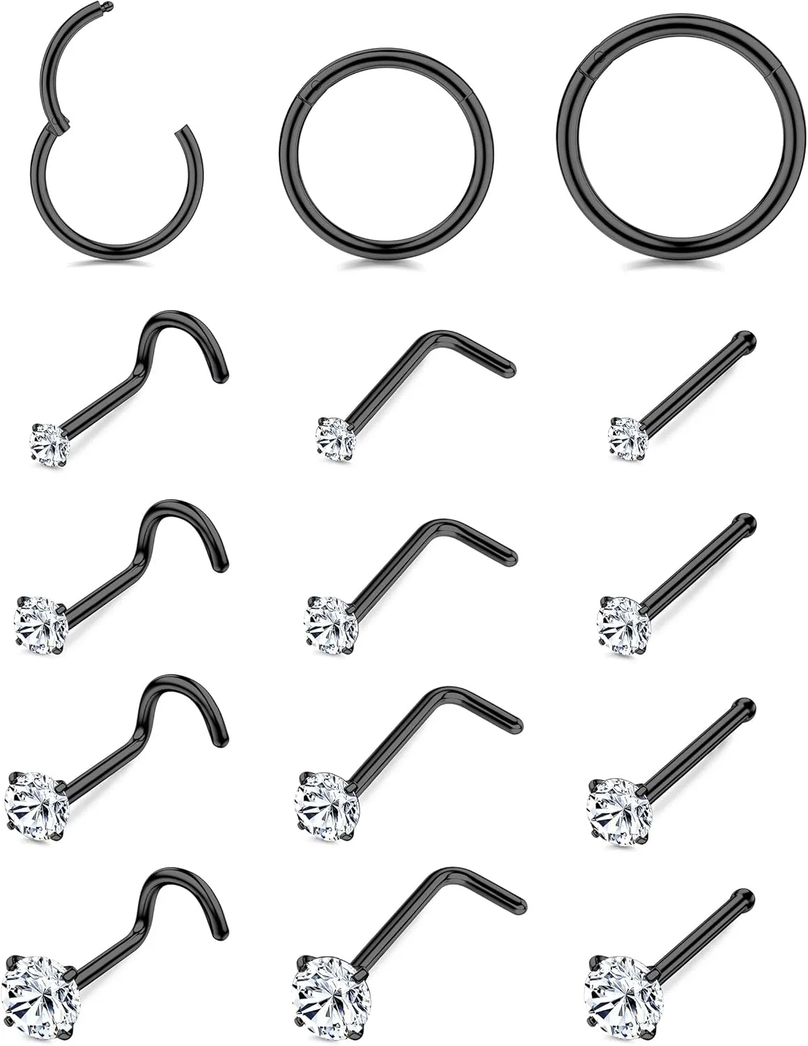 LOYALLOOK 15Pcs 20G 18G Nose Rings Studs 316L Surgical Steel Gold Nose Rings for Women Men Hypoallergenic Hinged Seamless Clicker Segment Nose Rings Hoops 6mm 8mm 10mm Helix Cartilage Tragus Conch Hoop Earrings 1.5mm-3mm Clear CZ