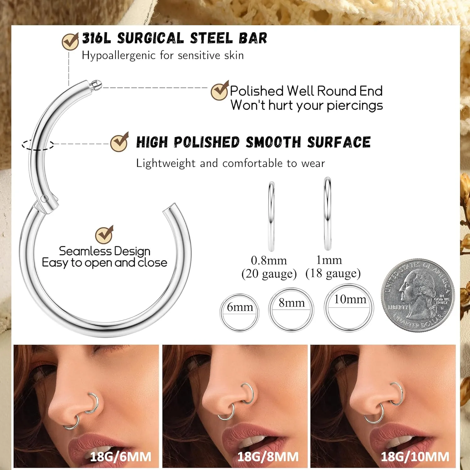 LOYALLOOK 15Pcs 20G 18G Nose Rings Studs 316L Surgical Steel Gold Nose Rings for Women Men Hypoallergenic Hinged Seamless Clicker Segment Nose Rings Hoops 6mm 8mm 10mm Helix Cartilage Tragus Conch Hoop Earrings 1.5mm-3mm Clear CZ