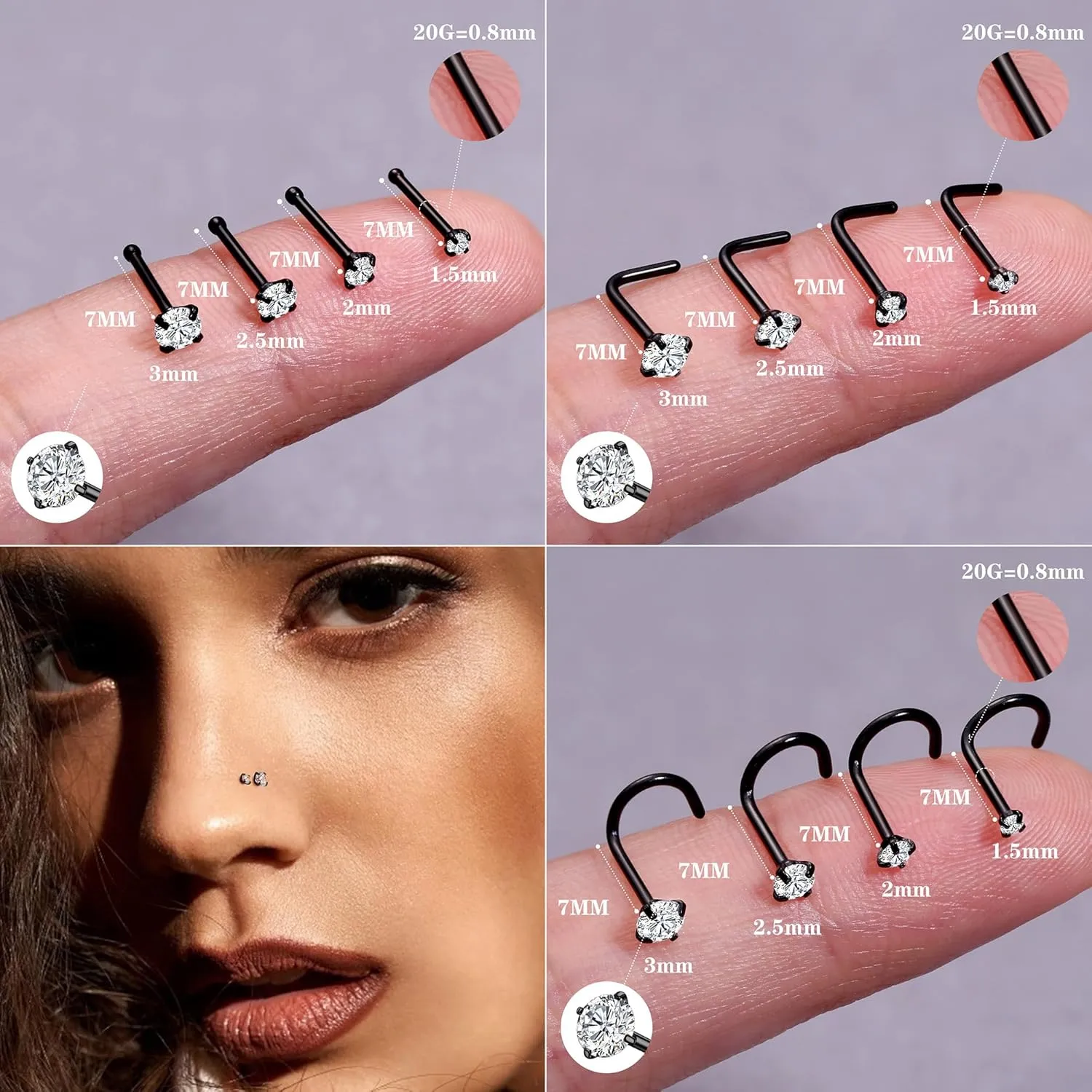 LOYALLOOK 15Pcs 20G 18G Nose Rings Studs 316L Surgical Steel Gold Nose Rings for Women Men Hypoallergenic Hinged Seamless Clicker Segment Nose Rings Hoops 6mm 8mm 10mm Helix Cartilage Tragus Conch Hoop Earrings 1.5mm-3mm Clear CZ