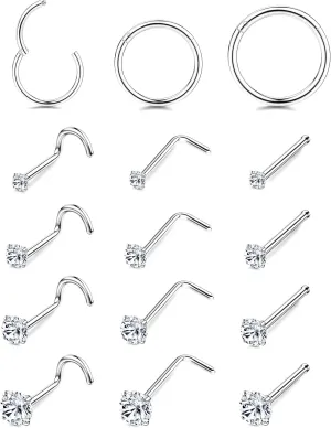 LOYALLOOK 15Pcs 20G 18G Nose Rings Studs 316L Surgical Steel Gold Nose Rings for Women Men Hypoallergenic Hinged Seamless Clicker Segment Nose Rings Hoops 6mm 8mm 10mm Helix Cartilage Tragus Conch Hoop Earrings 1.5mm-3mm Clear CZ