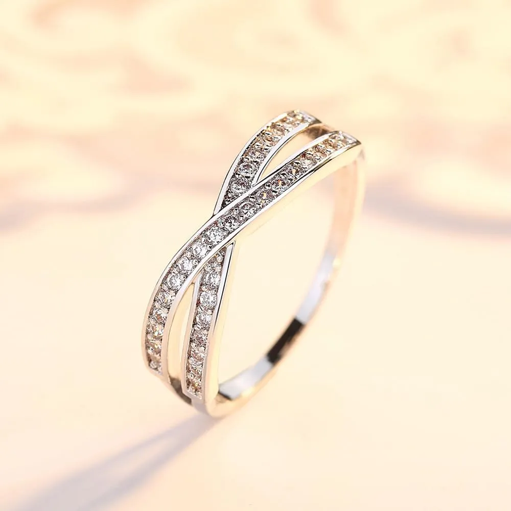 LRGKMCWTOB 925 Sterling Silver CZ Ring for Couple, Creative Criss Cross Design X Ring for Women, Simulated Diamond Cubic Zirconia Ring, Wedding Engagement Promise Statement Ring Size 9