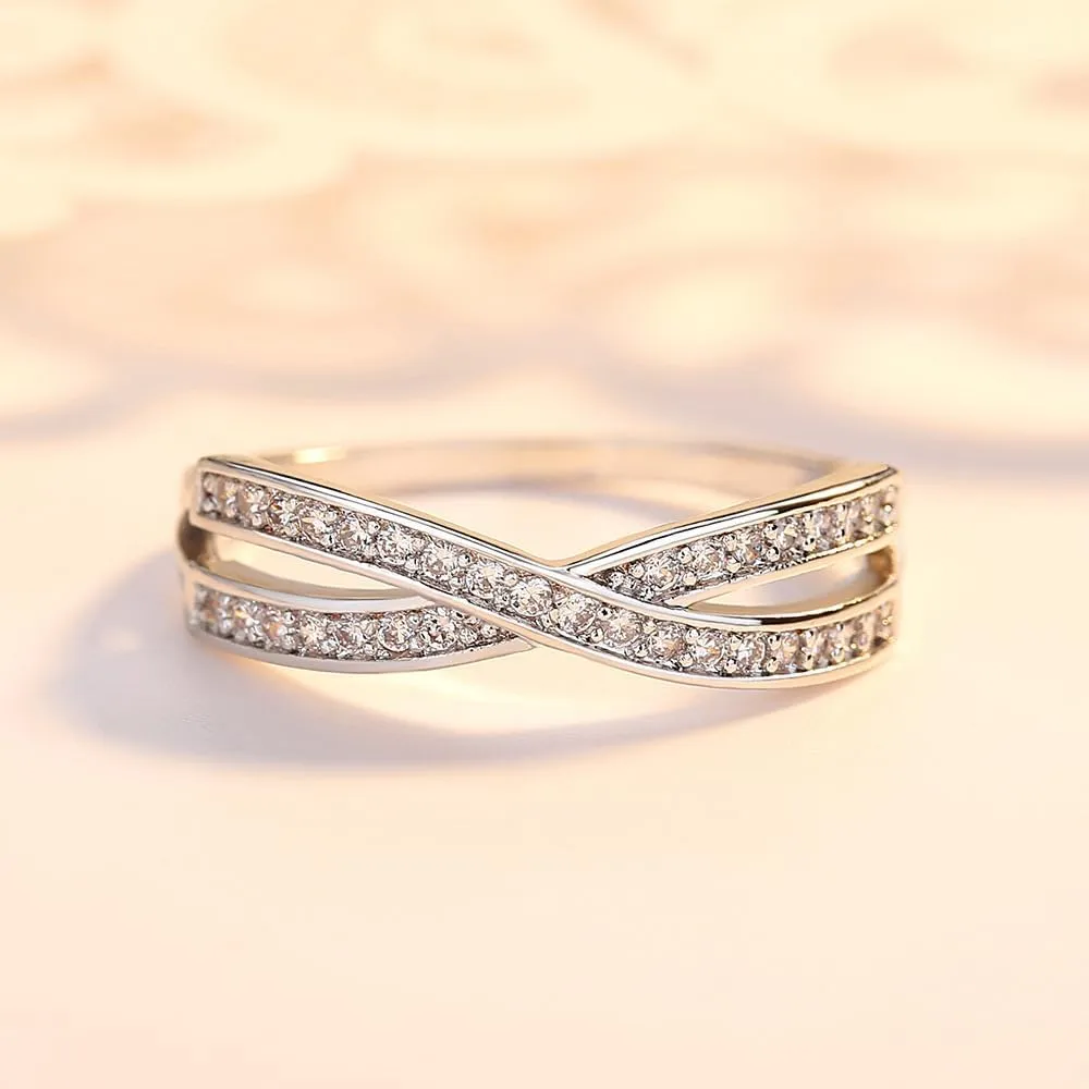 LRGKMCWTOB 925 Sterling Silver CZ Ring for Couple, Creative Criss Cross Design X Ring for Women, Simulated Diamond Cubic Zirconia Ring, Wedding Engagement Promise Statement Ring Size 9