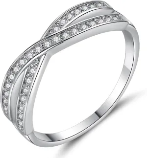 LRGKMCWTOB 925 Sterling Silver CZ Ring for Couple, Creative Criss Cross Design X Ring for Women, Simulated Diamond Cubic Zirconia Ring, Wedding Engagement Promise Statement Ring Size 9