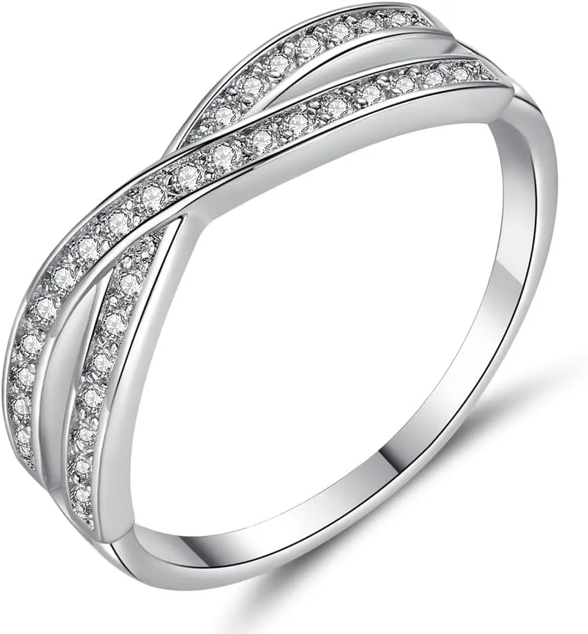 LRGKMCWTOB 925 Sterling Silver CZ Ring for Couple, Creative Criss Cross Design X Ring for Women, Simulated Diamond Cubic Zirconia Ring, Wedding Engagement Promise Statement Ring Size 9