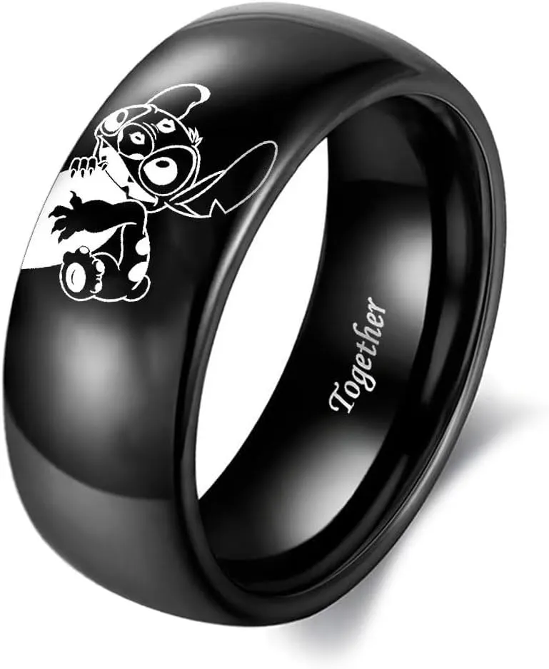 LWJYX Stitch & Angel Love Heart Couple Ring, Forever Together Anniversary Promise Wedding Bands,Stainless Steel Lovers Ring Black