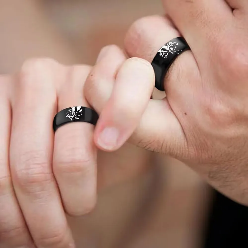 LWJYX Stitch & Angel Love Heart Couple Ring, Forever Together Anniversary Promise Wedding Bands,Stainless Steel Lovers Ring Black