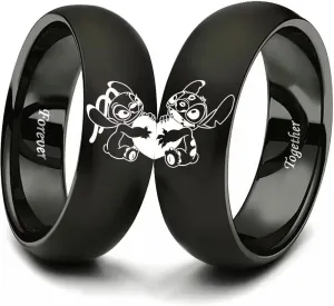 LWJYX Stitch & Angel Love Heart Couple Ring, Forever Together Anniversary Promise Wedding Bands,Stainless Steel Lovers Ring Black