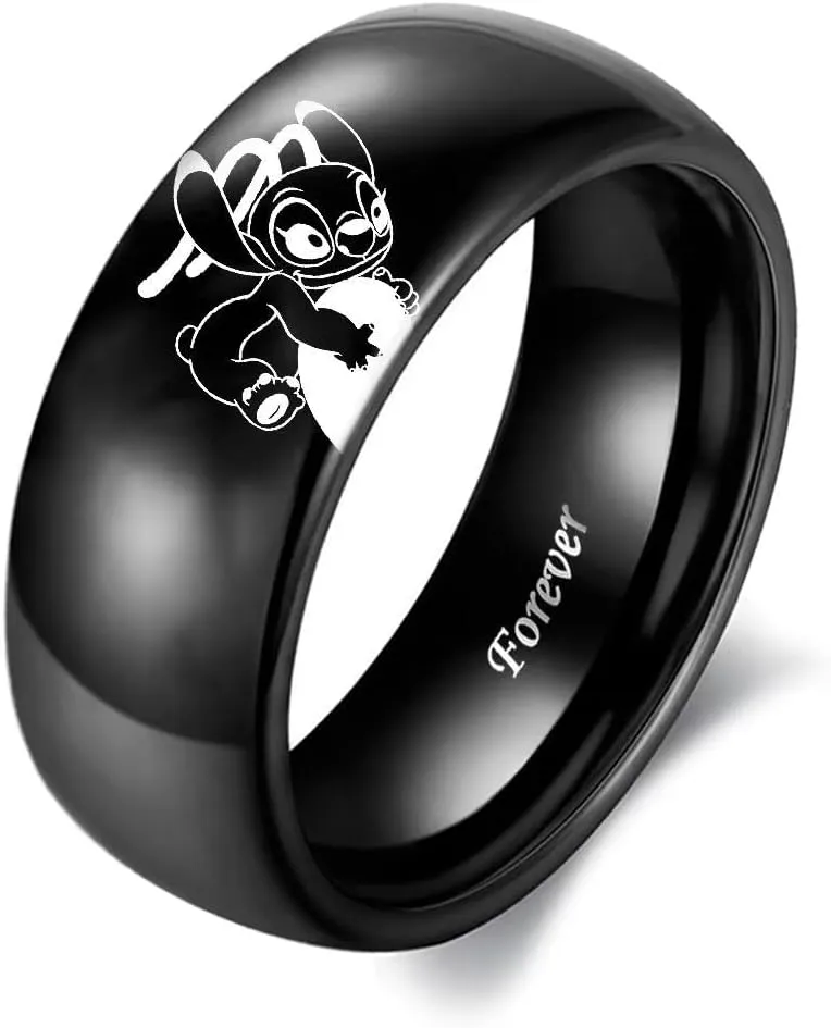 LWJYX Stitch & Angel Love Heart Couple Ring, Forever Together Anniversary Promise Wedding Bands,Stainless Steel Lovers Ring Black