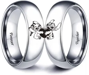 LWJYX Stitch & Angel Love Heart Couple Ring,Forever Together Anniversary Promise Wedding Band Stainless Steel Lovers Ring