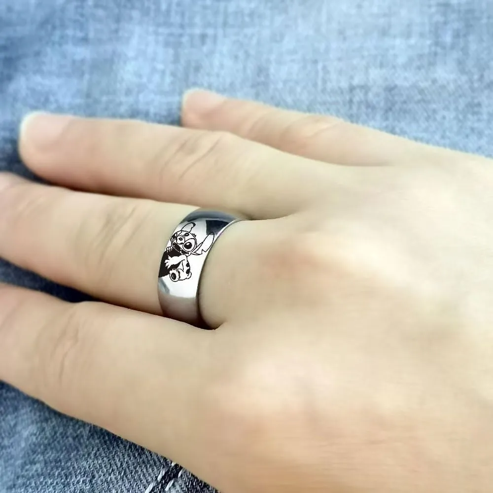 LWJYX Stitch & Angel Love Heart Couple Ring,Forever Together Anniversary Promise Wedding Band Stainless Steel Lovers Ring
