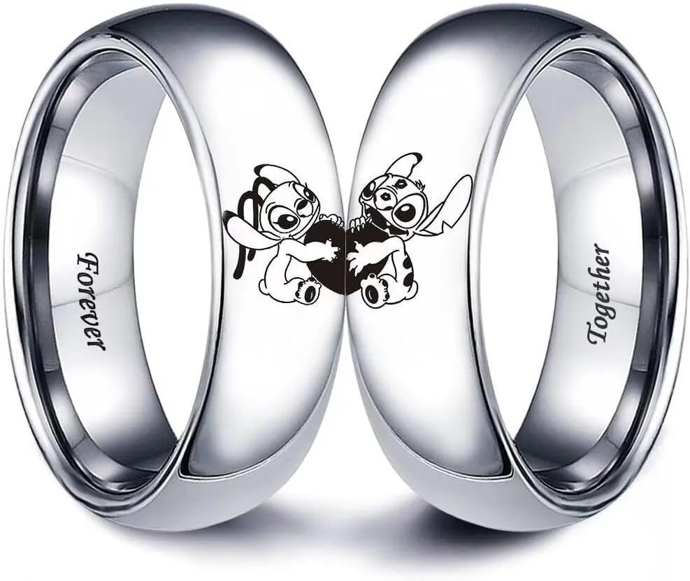 LWJYX Stitch & Angel Love Heart Couple Ring,Forever Together Anniversary Promise Wedding Band Stainless Steel Lovers Ring